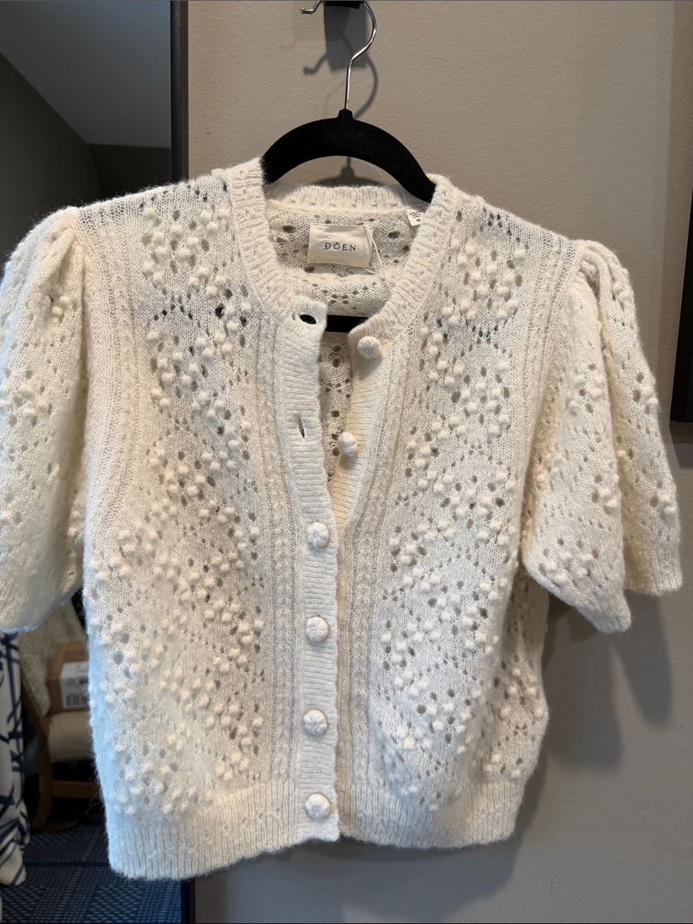 Doen Ivory Openwork Puff-Sleeve Knit Cardigan
